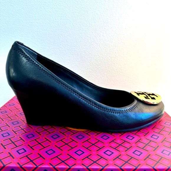 Like New! Tory Burch Sally Black Wedge with Gold Emblem - Picture 5 of 10